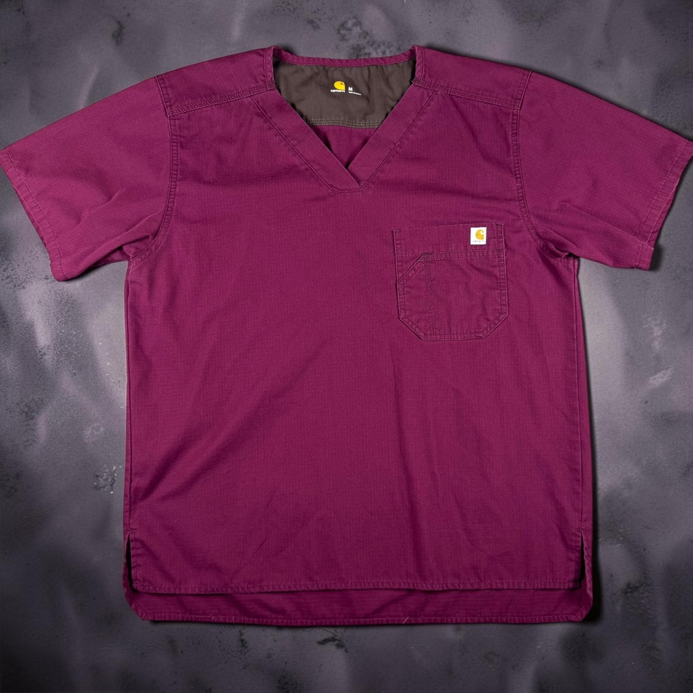 Carhartt Mens V-Neck Scrub Top Burgundy Ripstop Chest Pocket C15108 Size M